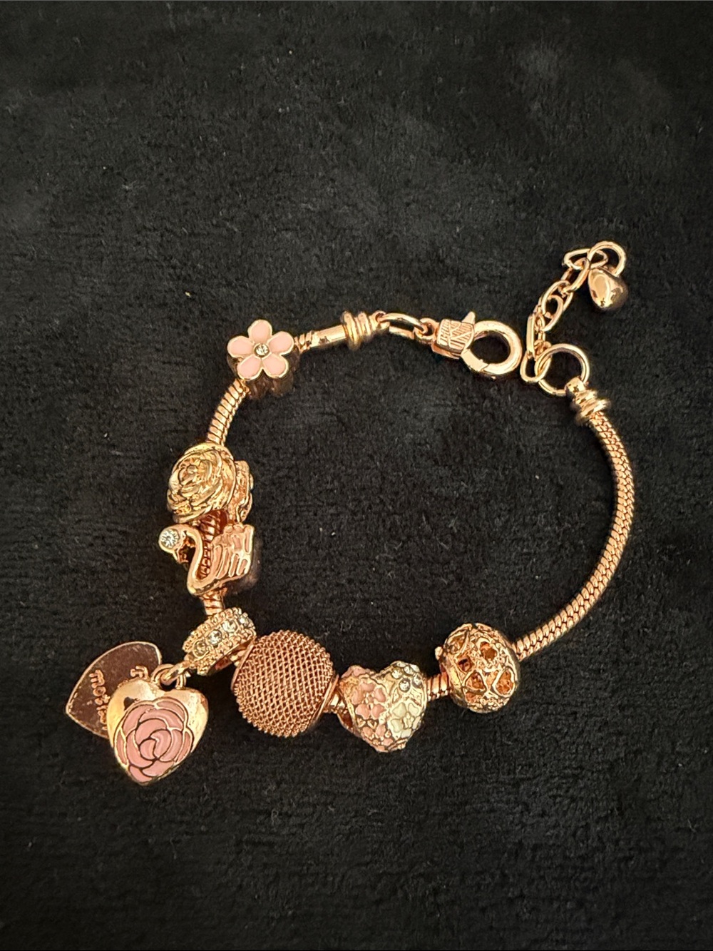 NWOT Rose Gold Heart Charm Bracelet / Bag Charm with Pink Accents